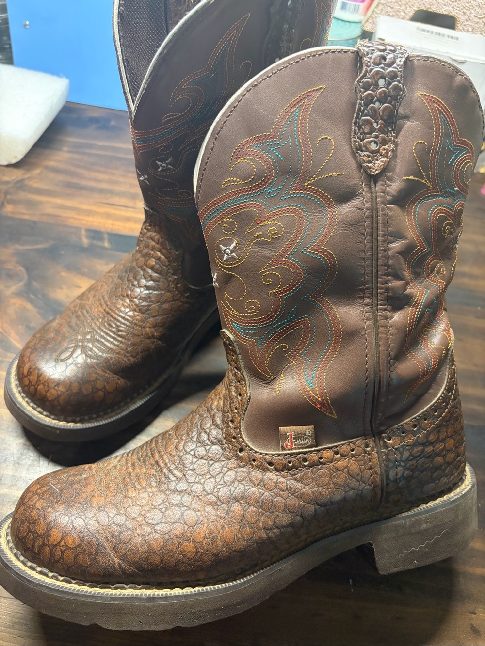 Justin Boots Brown Leather Western Work Boots with Multicolor Stitching